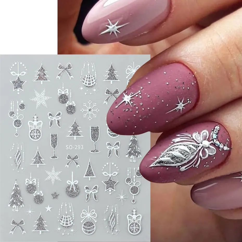 3 szt. Kawaii Świąteczne Brokatowe Naklejki na Paznokcie 3D Złote Czerwone Dzwoneczki Gwiazdy Płatki Śniegu Drzewka Naklejki Zimowy Festiwal Suwak Dekoracja