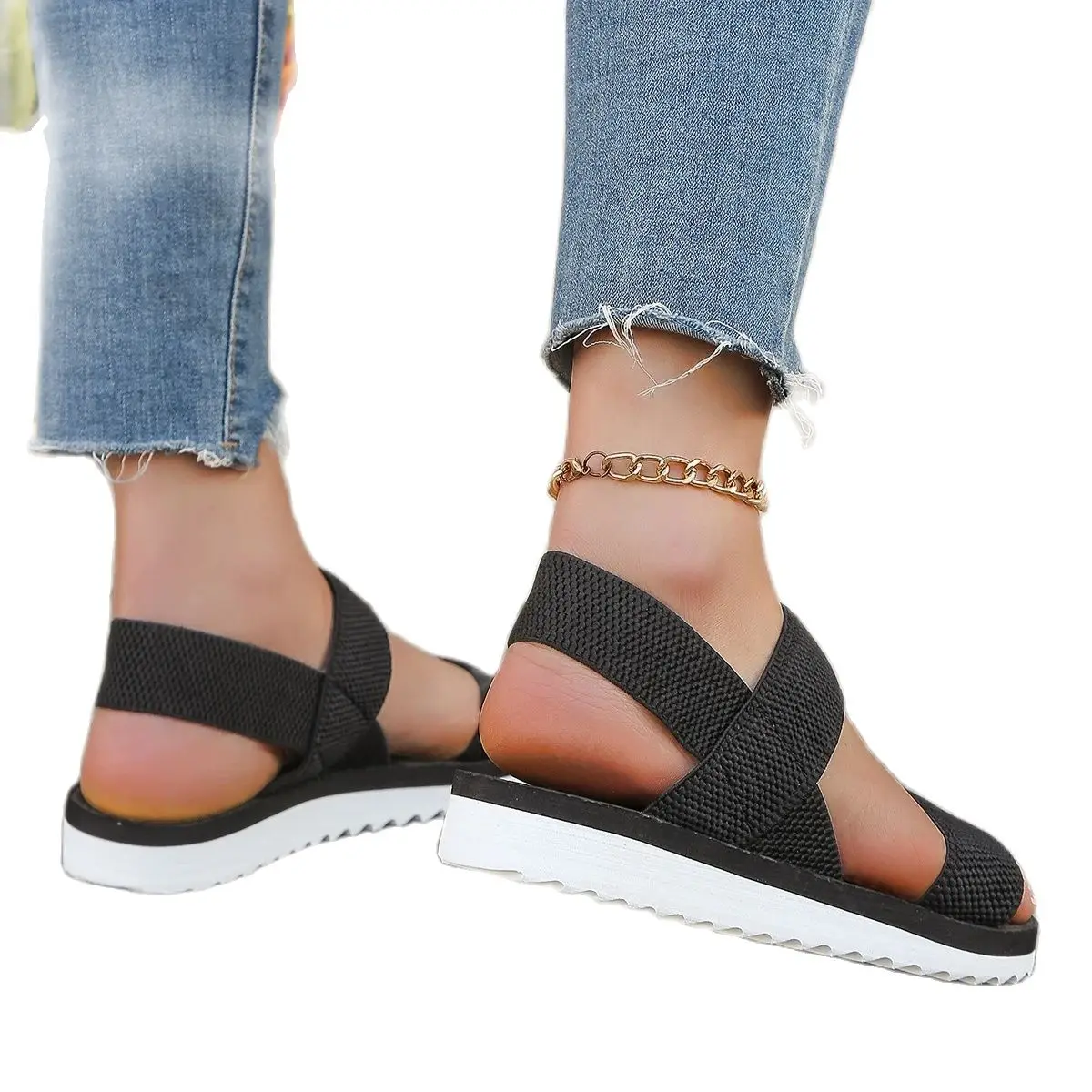 Women's fashion trend anti-slip wear comfortable matching color sole pure black shoelace flat sandals