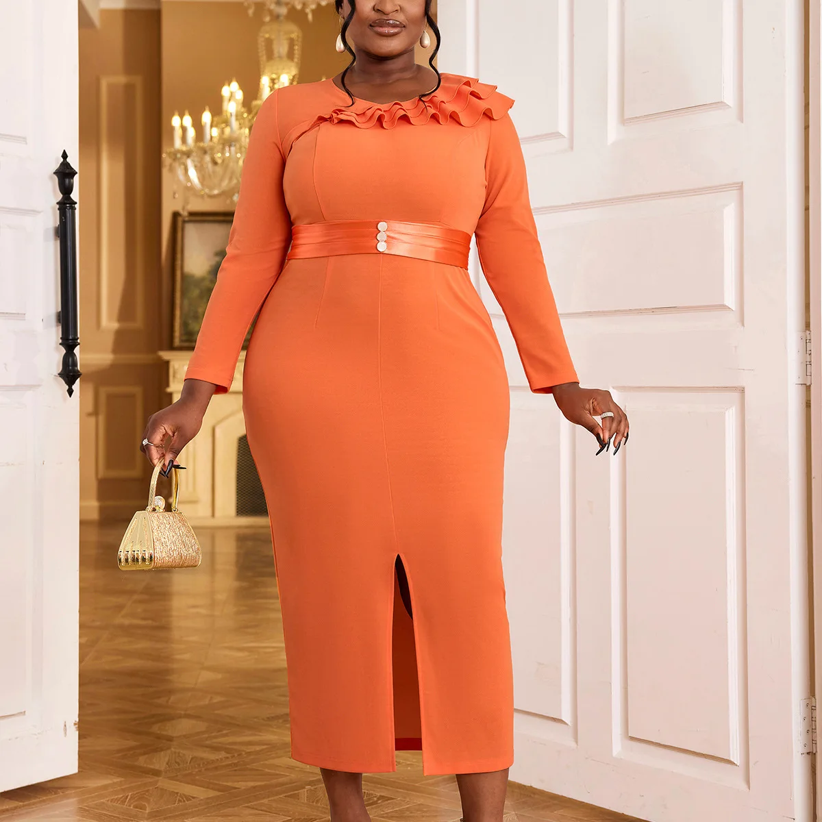 

African Dresses Autumn New Orange Mushroom Edge Dress Party Style Front Split Long Sleeve High Waist Evening Party Dress