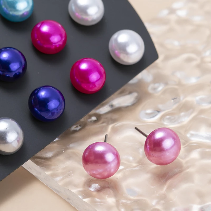 12Pairs/set Classic Colorful Simulated Pearl Stud Earrings Set For Women 12 10 8mm Ear Earrings Jewelry Round Ball Earring Gifts