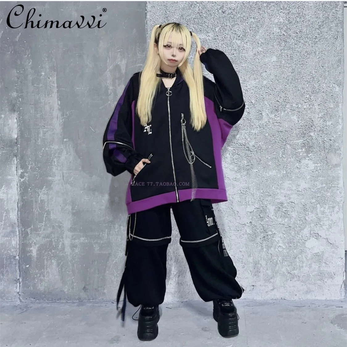 

Japanese Mines Dark Girls Back Wing Chain Removable Sleeve Zipper Jacket Autumn New Gothic Style Women's Loose Hoodie Coat