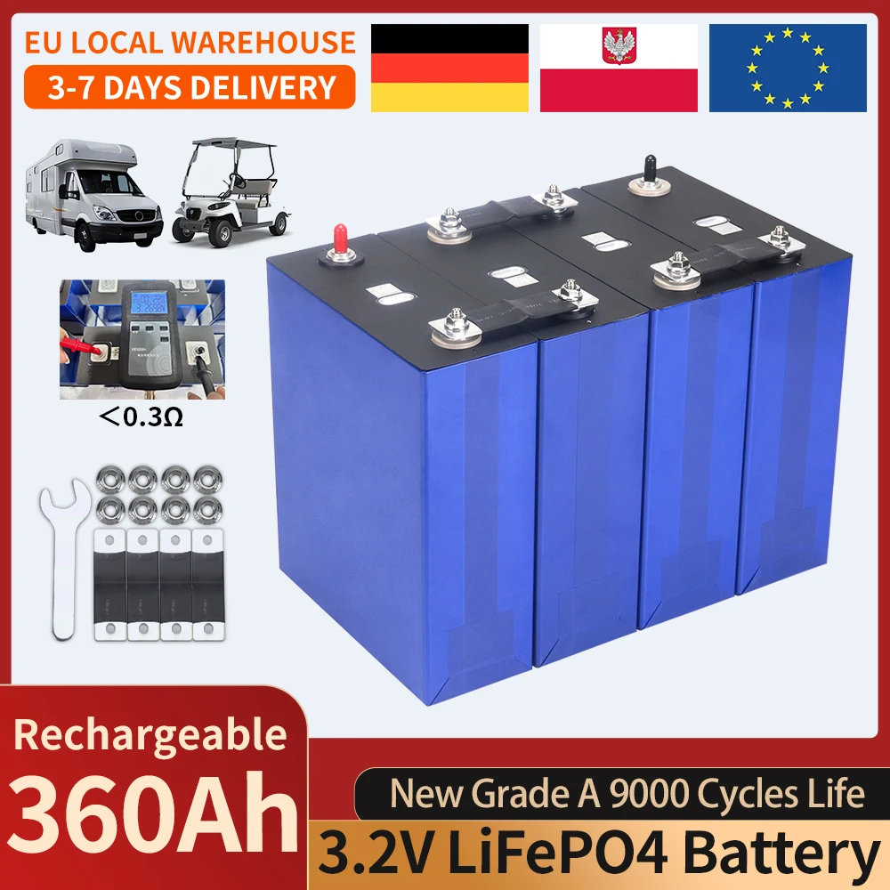 Batterie LiFePO4 Haute Capacité 3.2V 360Ah, Cellule Lithium Fer Phosphate à Cycle Profond 9000+ Cycles, pour Stockage d'Énergie Solaire DIY 12V 24V 36V 48V, Stock UE, Sans Taxe