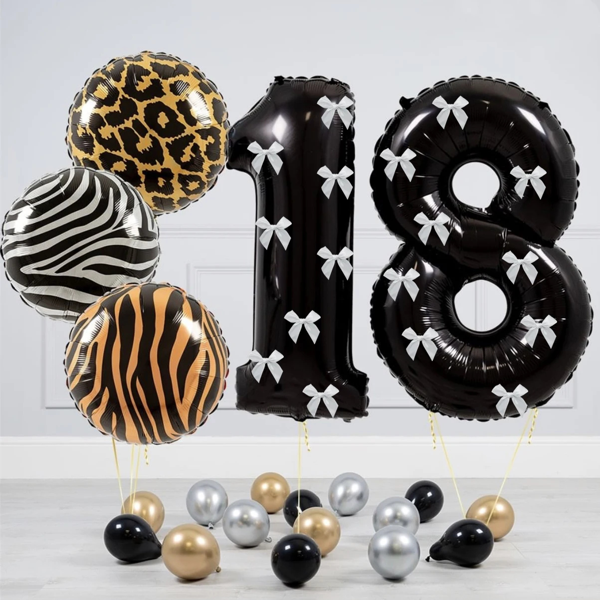 32 inch aluminum foil balloons, black numbers 0-9 for birthday party decoration, 10 silver mesh bows for celebrating birthdays