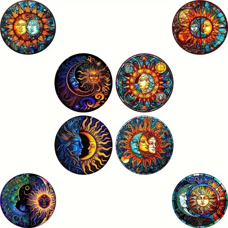 A set of 8-piece colorful wooden round coasters with sun and