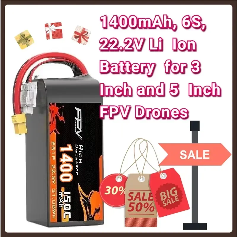 1400mAh, 6S, 22.2V Li Ion Battery for 3 Inch and 5 Inch FPV Drones