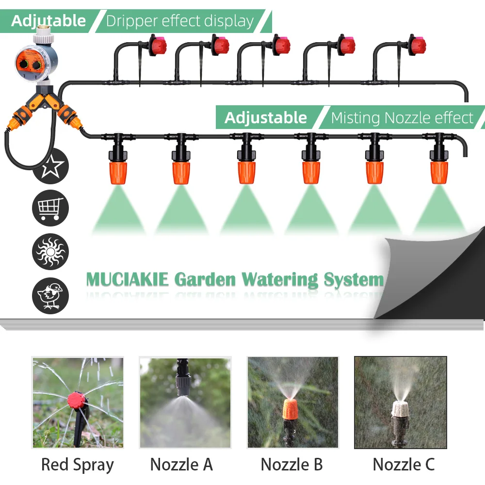 30-50M Garden Watering Irrigation System Ball Valve Timer Drip Kit Adjustable Misting Nozzles Automatic Spray Outdoor Greenhouse