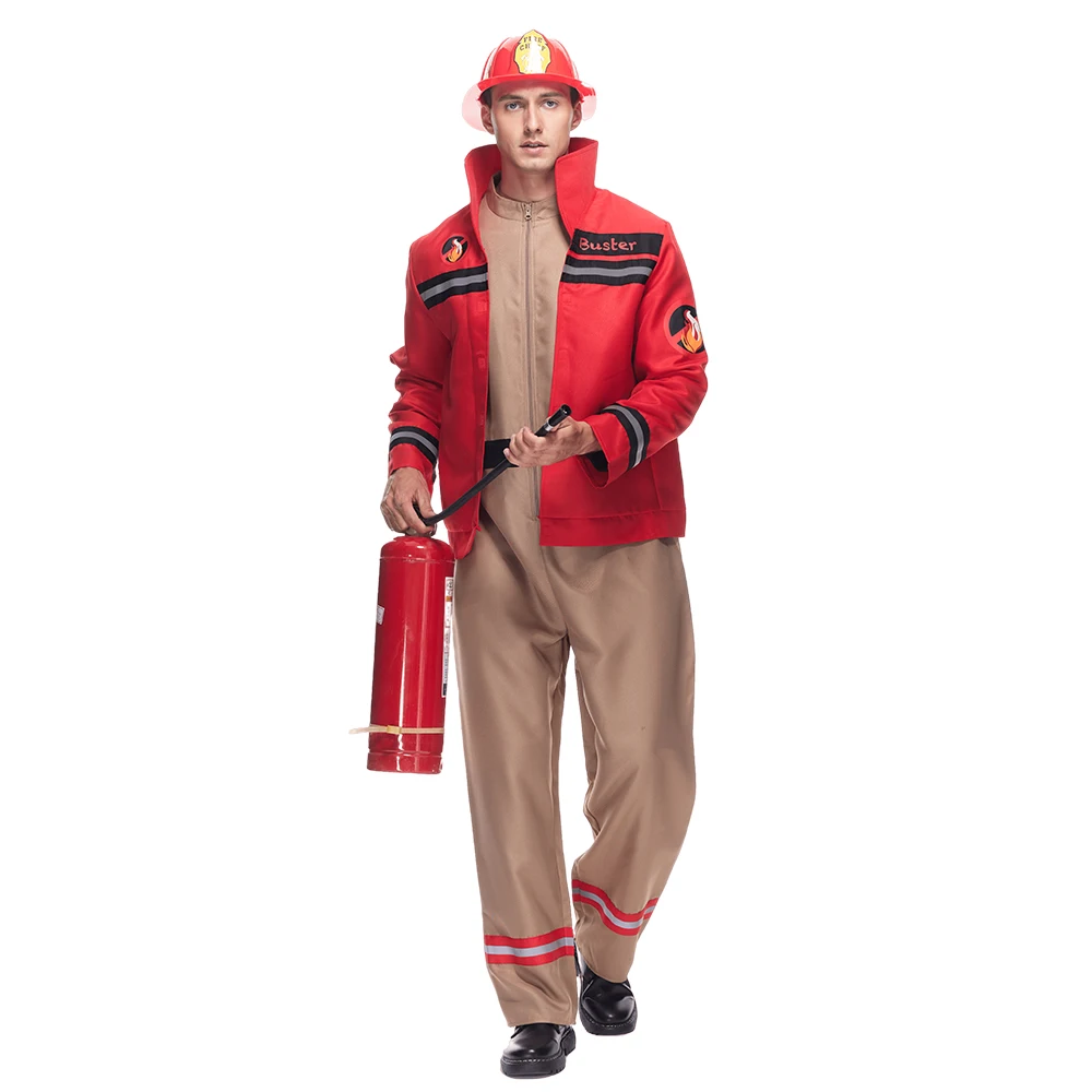 Men's Firefighter Costume Novelty Adult Fireman Uniform with Helmet Carnival Easter Purim Fancy Dress