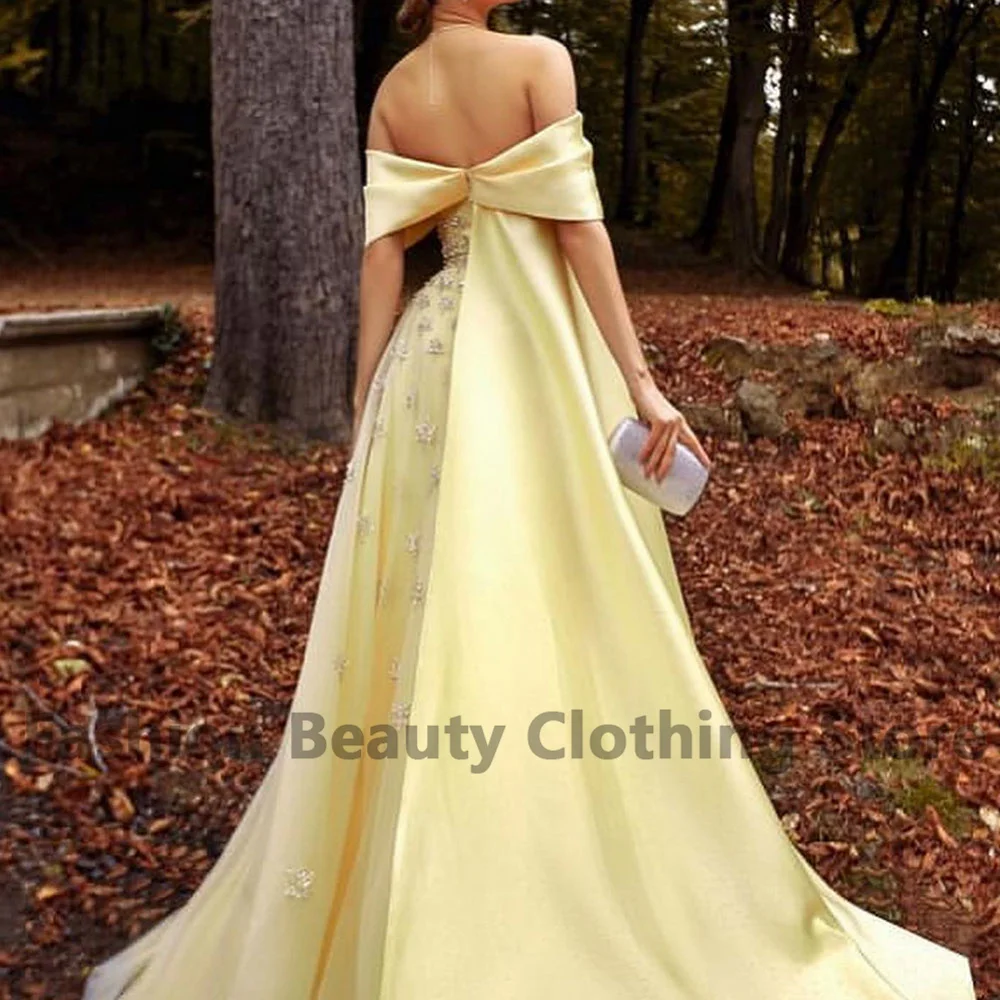 Prom Gown Satin A-Line Off Shoulder With Crystal Draped Zipper Dubai Women\'s Backless Court Train Formal Occasion Evening Dress