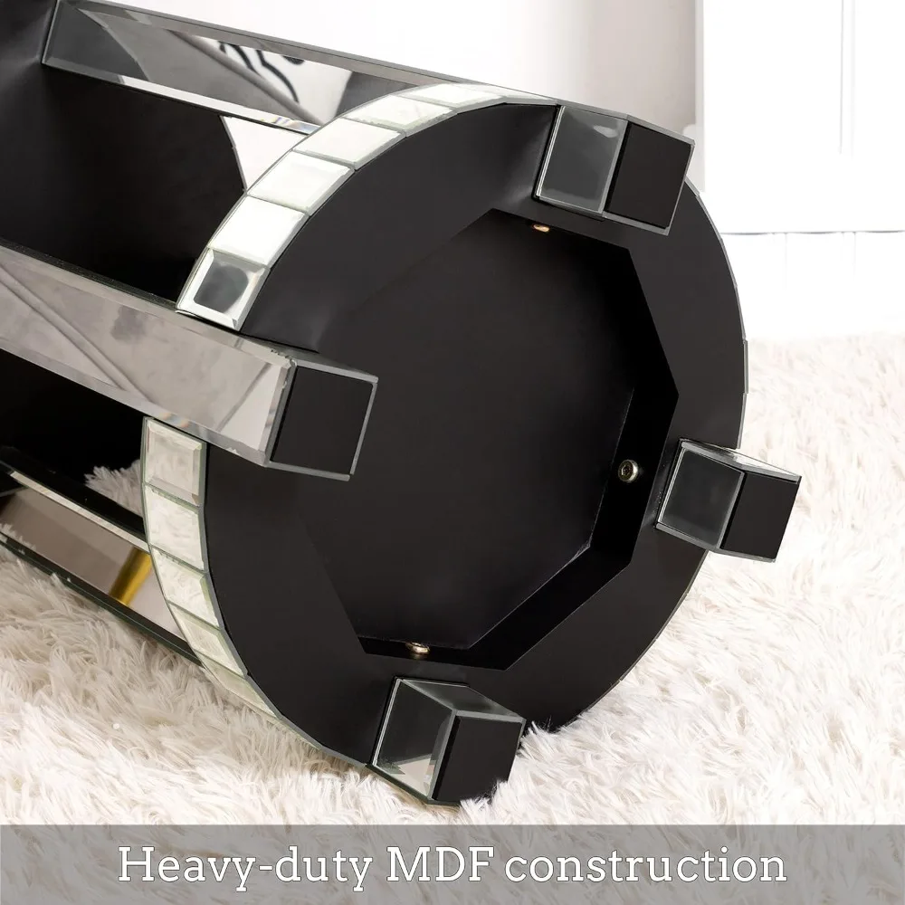 Modern 2-Tier Round End Table with Crystal Inlay, Silver Accent Storage Table for Living Room