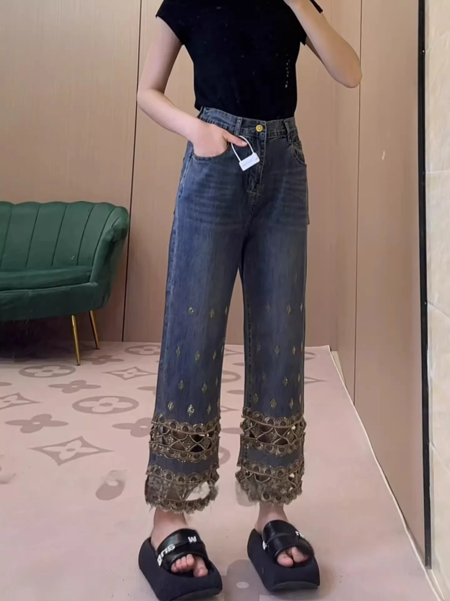 

Women's High Waist Hollow out Denim Jeans Summer Thin Sle Heavy Rhinestone Embellied Straight Leg Slimming Nine-Piece
