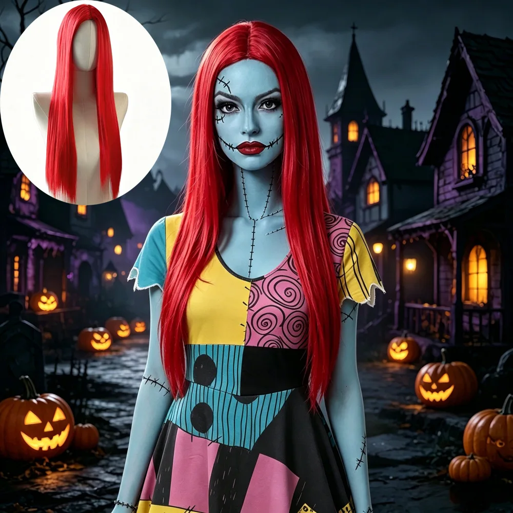 Red parted long straight hair synthetic wig for Halloween cosplay wig for role-playing casual party hair set