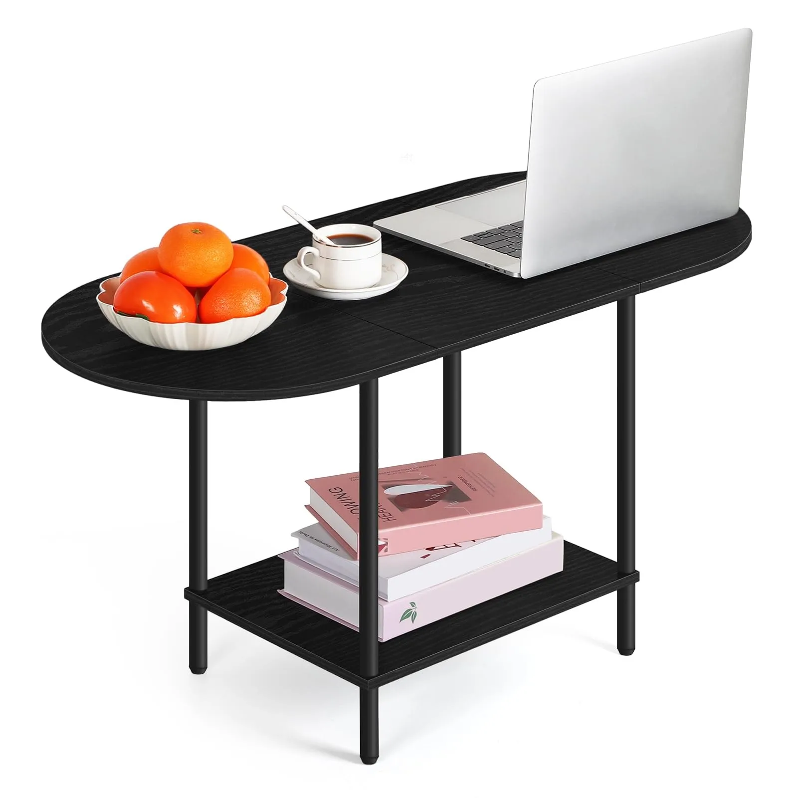 طاولات المقهى، طاولة قهوة بيضاوية سوداء أنيقة مع تصميم من طبقتين لغرفة المعيشة، طاولة مركزية صغيرة، مظهر حديث لمنتصف القرن #4