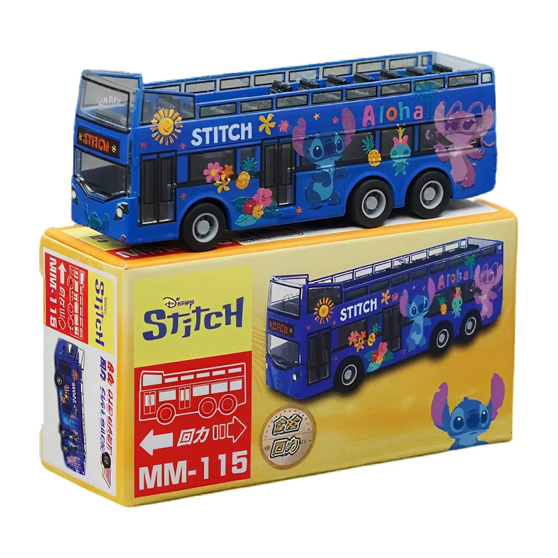 

Disney Anime Figures Alloy Model Cars Toys Stitch Double Deck Bus McQueen Pull Back Car Mickey Frozen Christmas Gifts for Kids