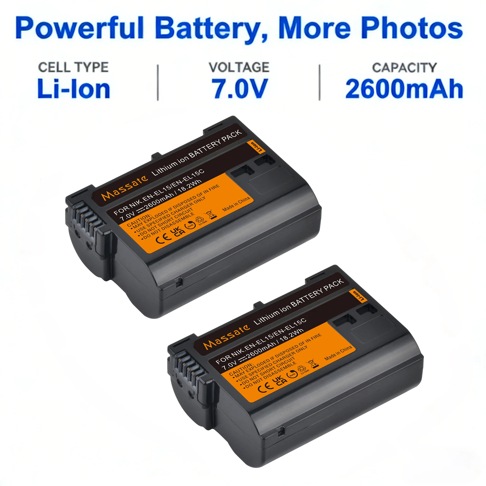 Massate EN-EL15C EN-EL15 Battery + USB Dual Charger for Nikon D750 D810 D500 D600 D7100 D7500 Z8 ZR Z7II ZF Z6III Z7 Z6 Z6II Z5