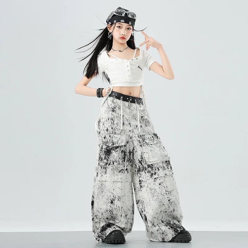 Meisjes K-pop Mode Crop Top Street Dance Losse Splash Inkt Cargo Broek Kinderen Hip Hop Kleding Set Kids streetwear Jazz Kostuum