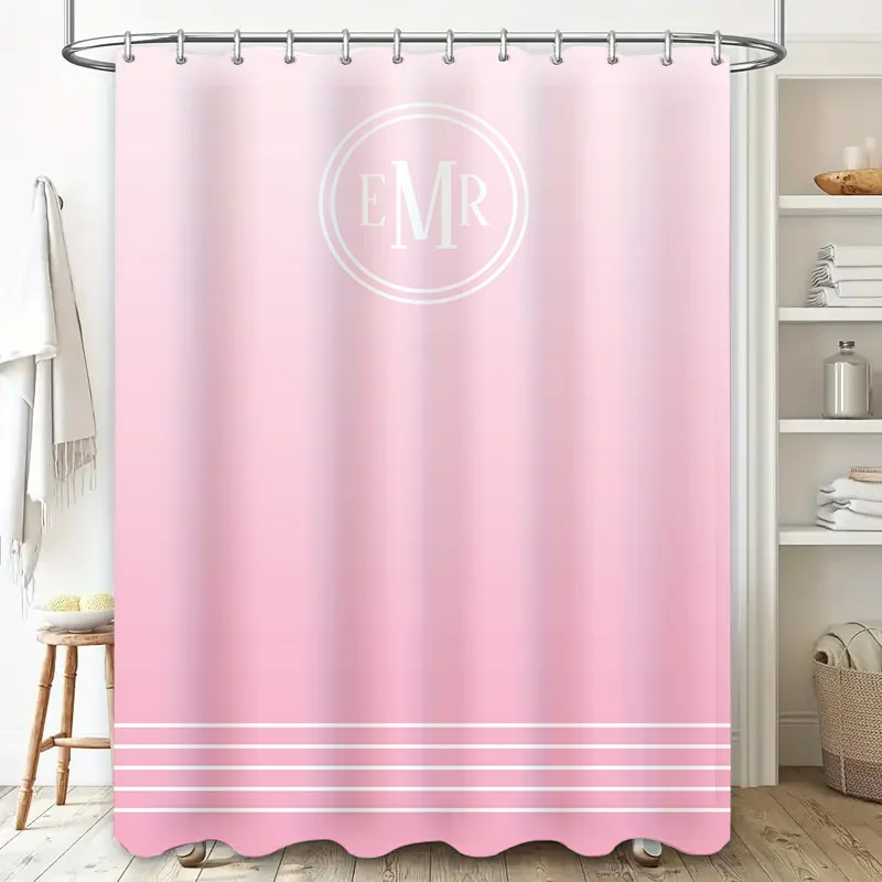 Pink Ombre Monogram Shower Curtain Set Modern Bath Decor with Striped Design Perfect Gift for Her