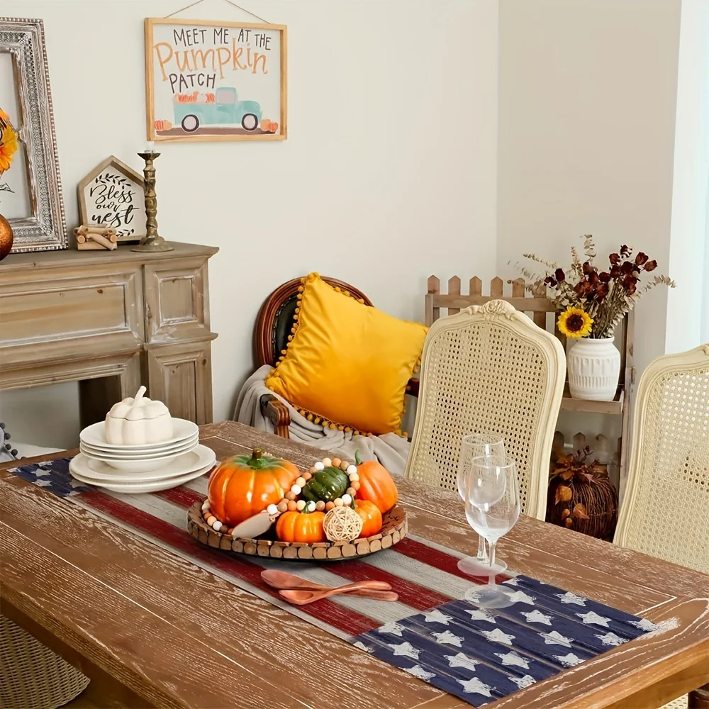 4th of July Linen Table Runner  - American Flag Stars Stripes, Independence Day Farmhouse Kitchen Party Decor