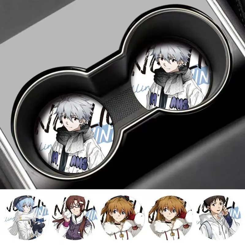 Kawaii Neon Genesis Evangelion Car Coaster Water Cup Mat Anime Car Decoration Non-slip Mat Universal Storage Accessories Gifts