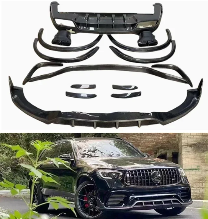 Carbon Fiber Front Bumper Spoiler Lip Rear Trunk Diffuser Wheel brow Side Skirts Body Kit For Benz GLC63 AMG 2016-2019 Topcar