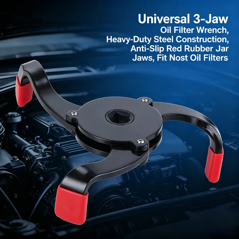 3 Jaw Oil Filter Wrench With Red Rubber Cushion Alloy Steel Construction Universal Auto Truck Motorcycle Filter Remover