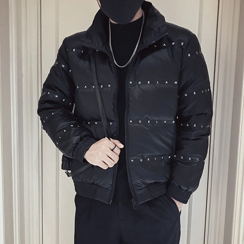 Jaqueta masculina com zíper Puffer Parka, sobretudo, streetwear casual, roupas grandes, grossas, estampa de letras, quente, Hip Hop, inverno, moda