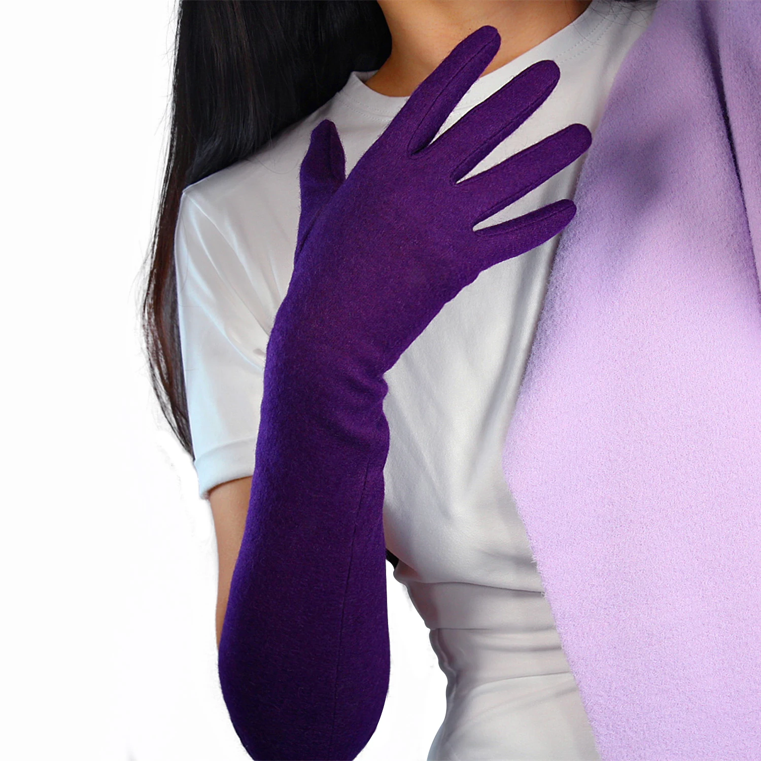 DooWay Women Dark Purple Wool Cashmere Warm Long Gloves Fashion Elastic 50cm Elbow Winter Warm Opera Dressing Long Finger Gloves