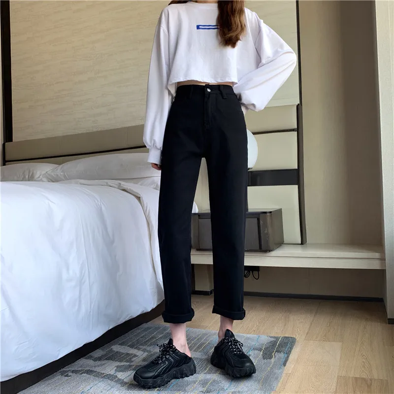 Thiened Fce Bla jean femme automne hiver ample taille haute jambe droite pantalon grande taille résistant à l'usure longue fermeture éclair