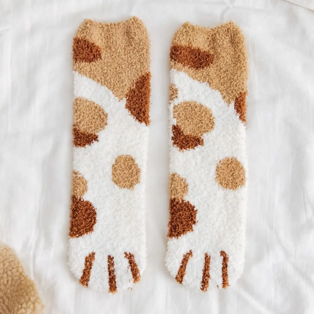 Cartoon Coral Velvet Socks Women's Mid-Tube Autumn Winter Extra Thick Warm Velvet Home Sleeping Towel Floor Cat Claw Socks