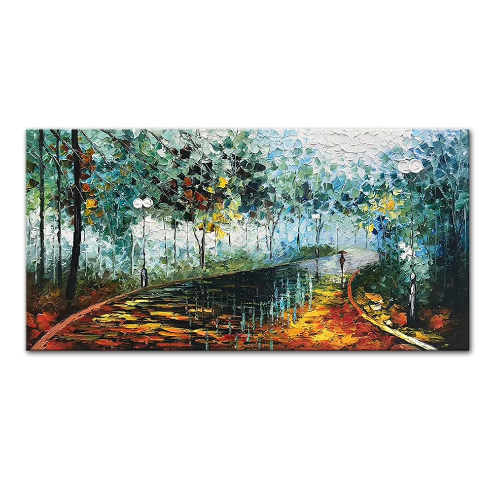 Mintura,Handpainted Handmade 3D Thick Texture Walk Rain Streetscape Oil Paintings Canvas,Wall Art,Picture Living Room,Home Decor