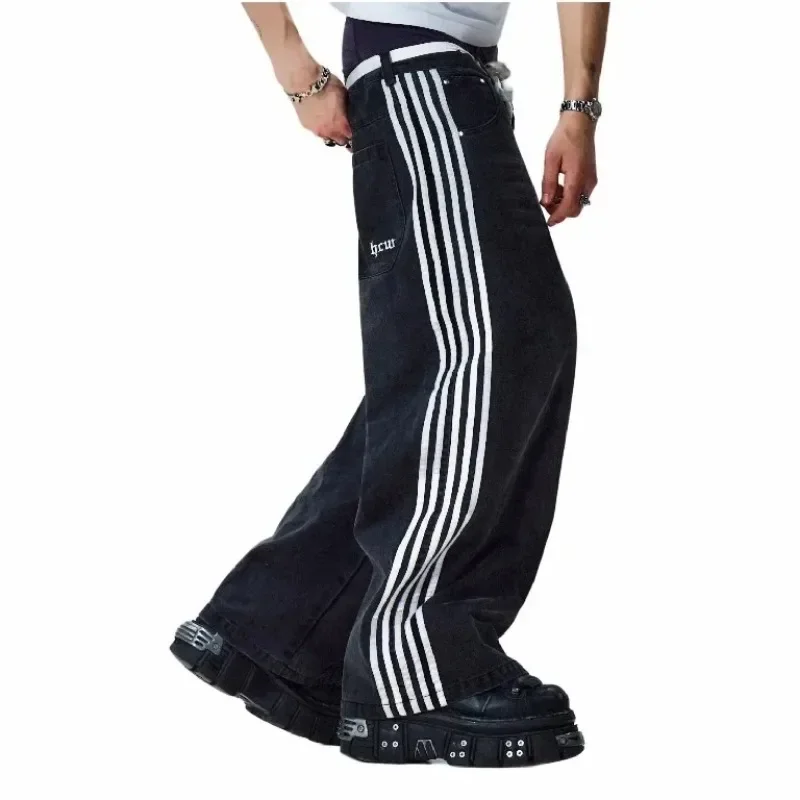 Streetwear Baggy Jeans  Harajuku Goth for Men Black  Striped New Hip Hop Embroidered Wide Leg Denim Pants High Street Y2k Jeans