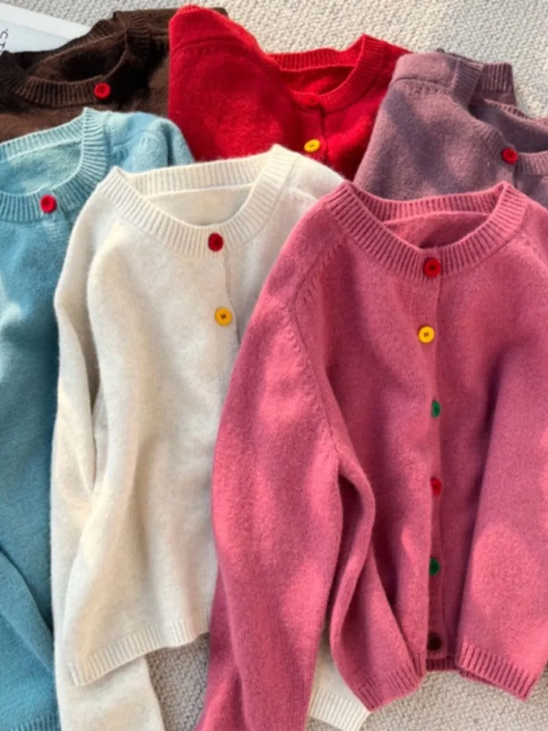

Korean style age reducing rainbow single breasted round neck new knitted cardigan for early spring lazy style niche sweater