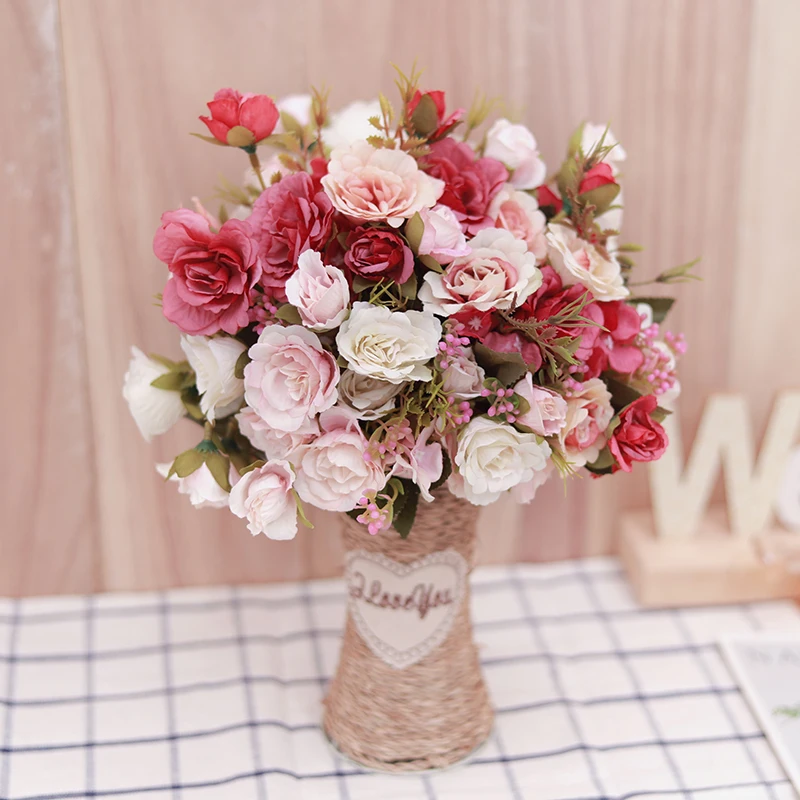 Retro Artificial Flowers Luxury White Roses Vase Branch Fake Peony Silk Christmas Home Wedding Decoration Bouquet Room Flowers