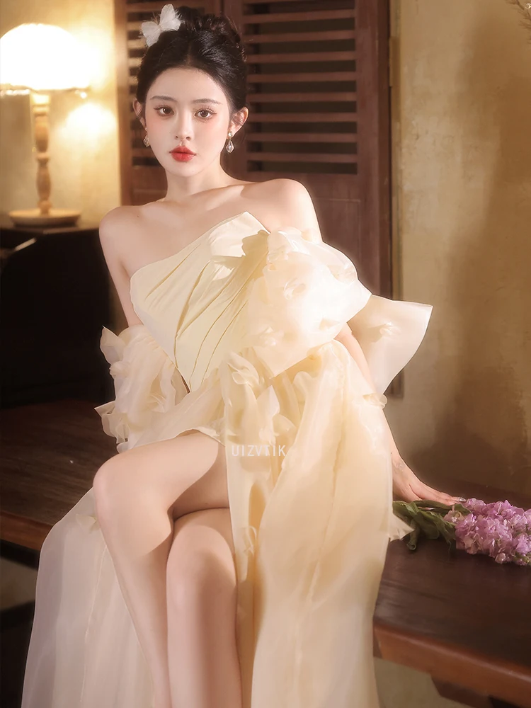 แชมเปญเจ้าหญิงงานแต่งงานชุดผู้หญิง A-Line Sweetheart ปิดไหล่ Puffy แขน Backless ชุดเจ้าสาว Vestidos ที่กําหนดเอง