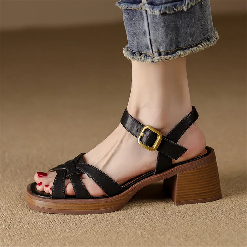 New Summer Sandals Women Shoes Square Toe Chunky Heel Sandals Shoes for Women Handmade High Heels Shoes Sandals Zapatos Mujer