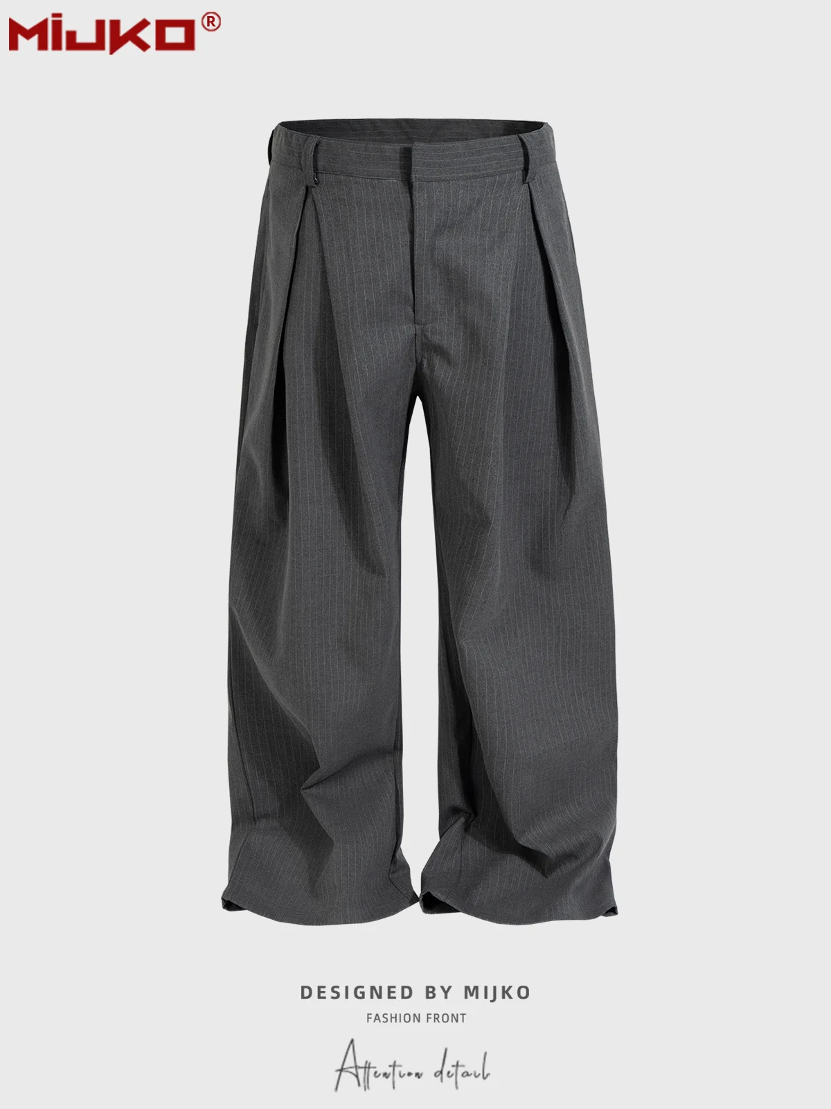 

MIJKO Unisex Casual Pants Vertical Stripe Design Folded Straight Leg Gray Suit for Men And Women C923