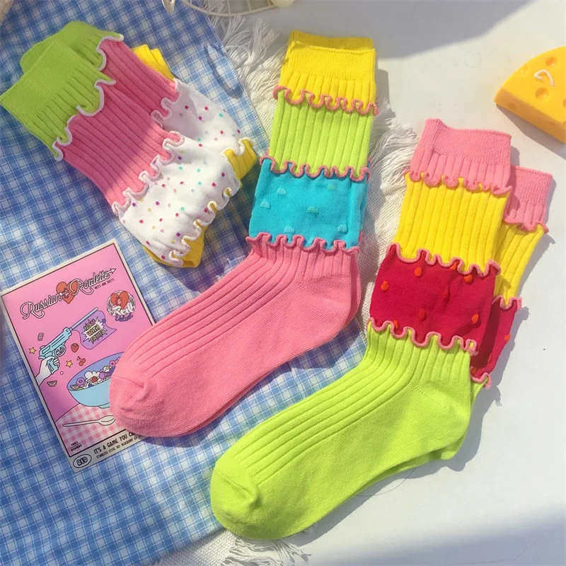 Women's Socks Dopamine Colored Splicing Style Street Cotton Socks Middle Tube Girls Gift Fashion Warm Thick Cute Creative Sweet
