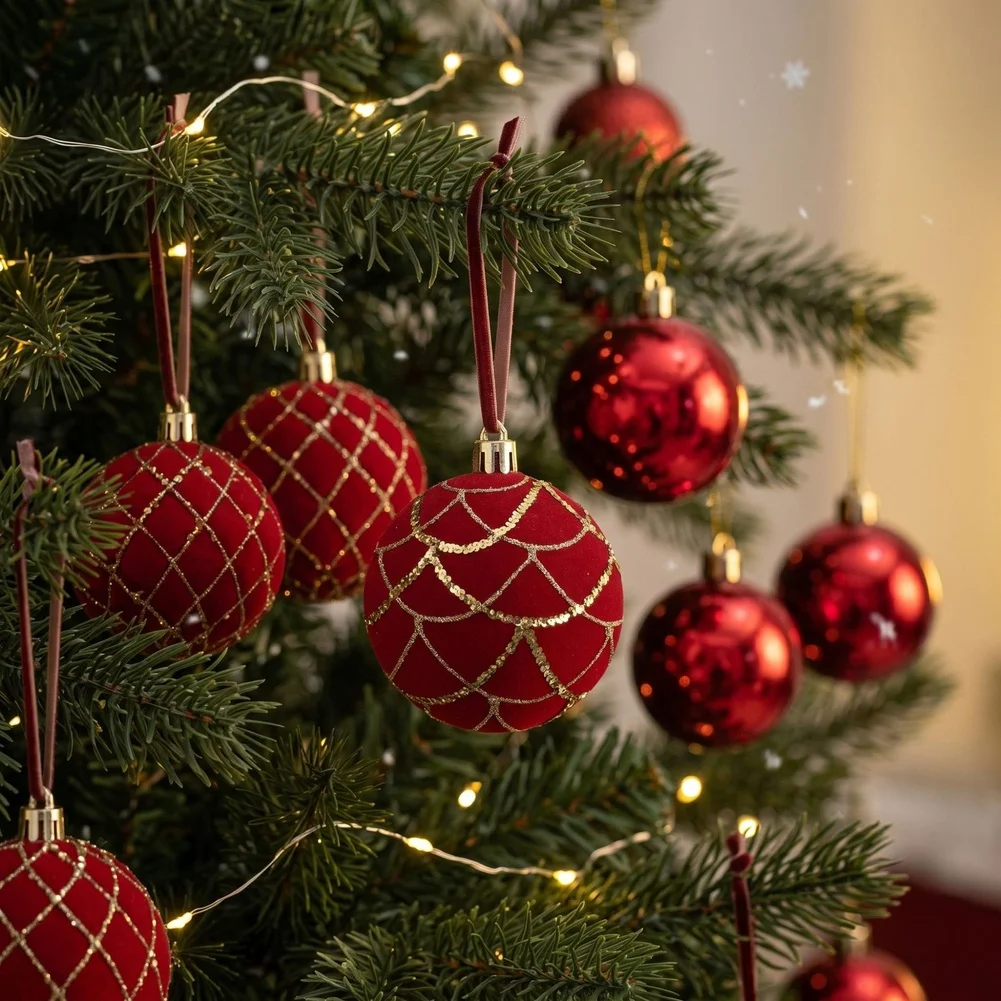 9pcs 8cm Wine For Red Flocked Christmas Ball Set Gold Glitter Ornaments For Velvet Texture Polystyrene Hanging Decorations For