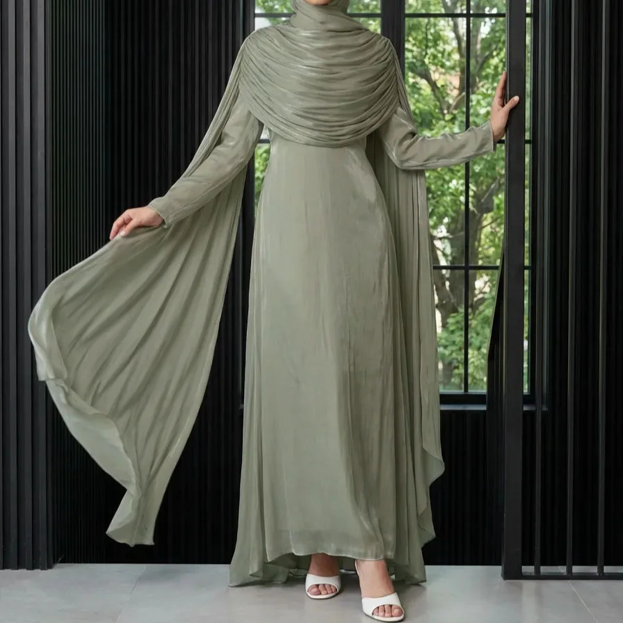 

2026 Spring Summer Women's Solid Color Pleated Maxi Dress Evening Gown Cape Matching Set Outfit Clothing