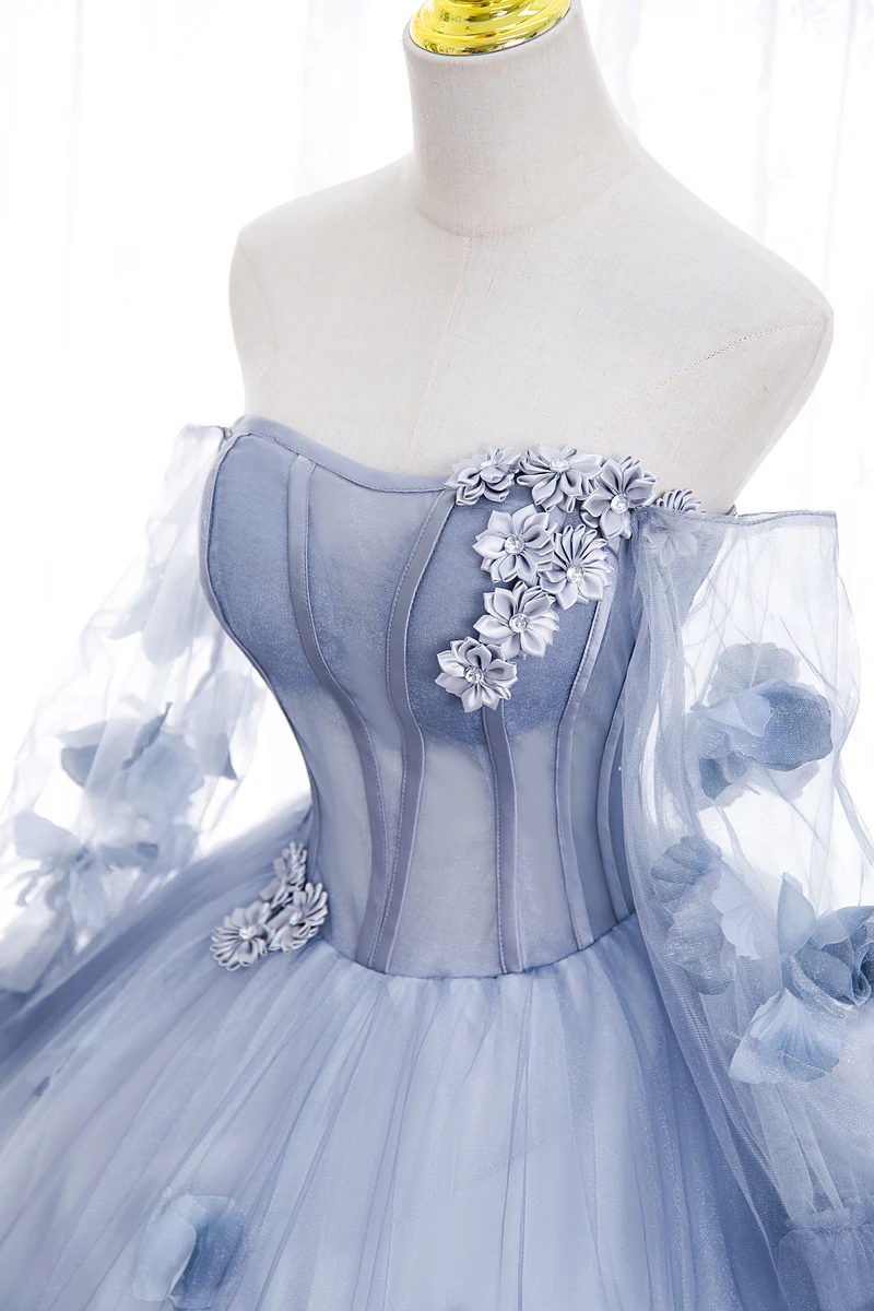 Robe de Quinceanera bleue avec appliques de fleurs en tulle, manches amovibles, robe de Rhsans bretelles, robe de soirée de Rhéducative, 15 ans, nouveau