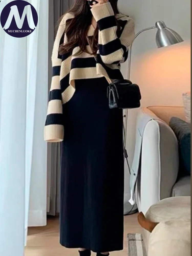 Knitted Sweater and Dress Set for Women Elegant Stripe Outfit V Neck Top Korean Fashion, Casual Dress Autumn, Winter, New, 2 Pcs