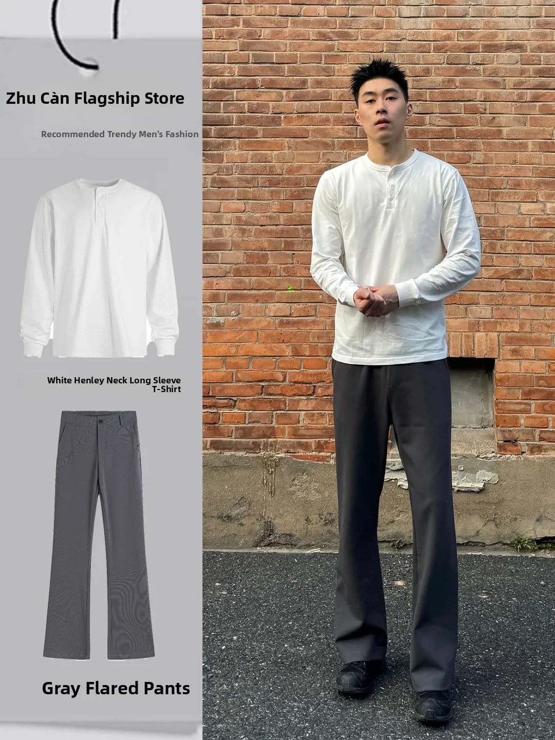 Deep ey Men's Flared Pants Long Sve Henry Collar T-irt Early Autumn Outfit One Set High Waist Knife Pants Cleanfit