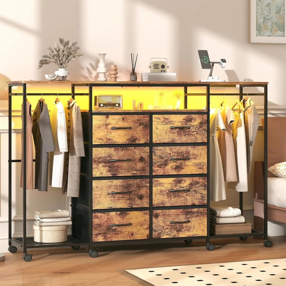 

59.1" W Dresser for Bedroom with Hanging Rack, 8 Drawer Dresser with LED Lights & Charging Station, Fabric Dressers with Portabl
