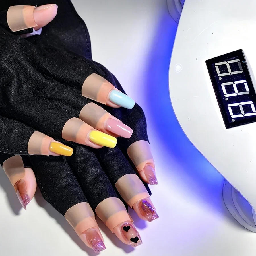 1/5 Set Disposable Nail Art Open Finger UV Protection Gloves, Nail Lamp Anti‑UV Exposure with Fixing Adhesive Tape Sticker Set