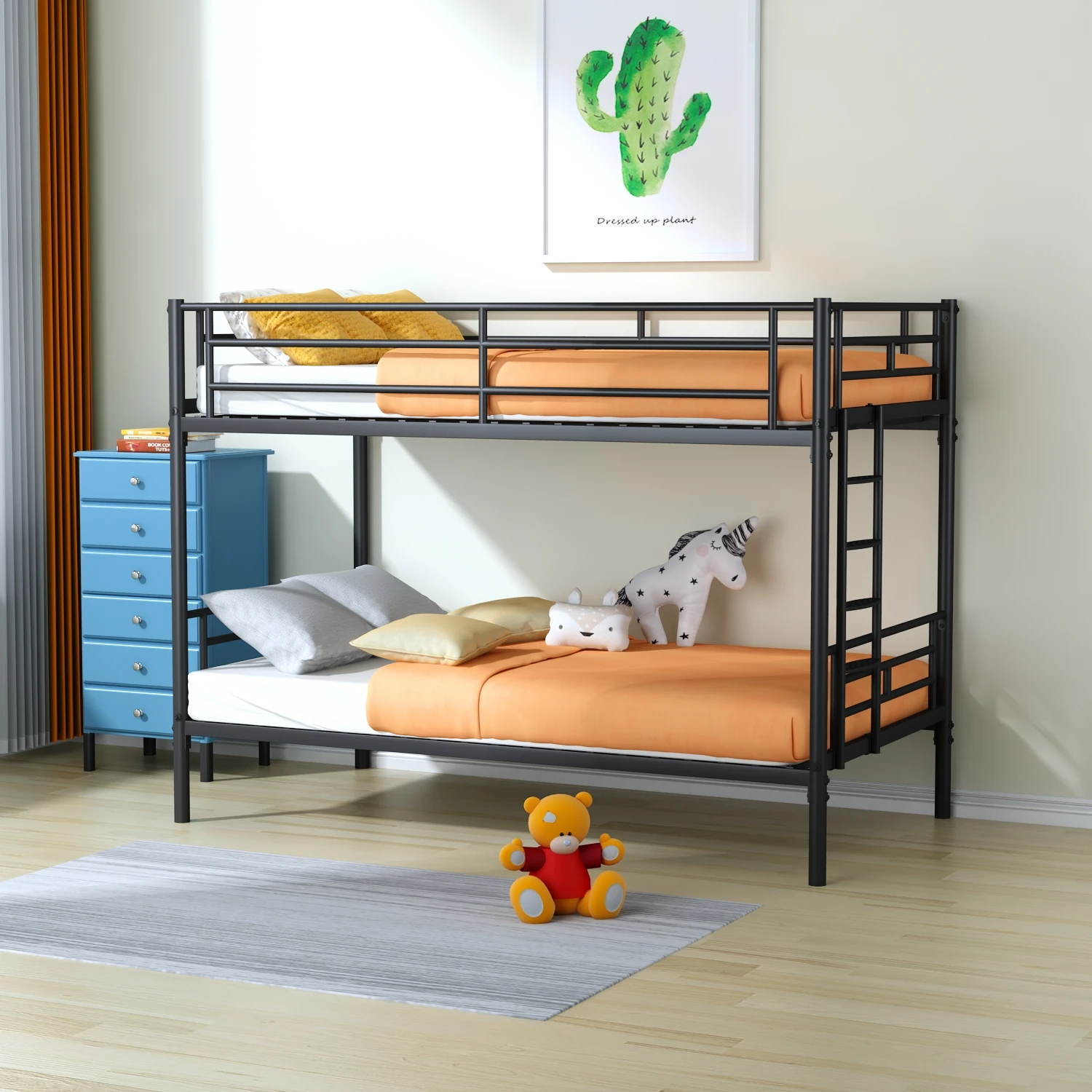 [Flash Sale]Twin over Twin Metal Bunk Bed with Removable Ladder, Comfortable Rungs, Black/White Easy to assemble[US-W]