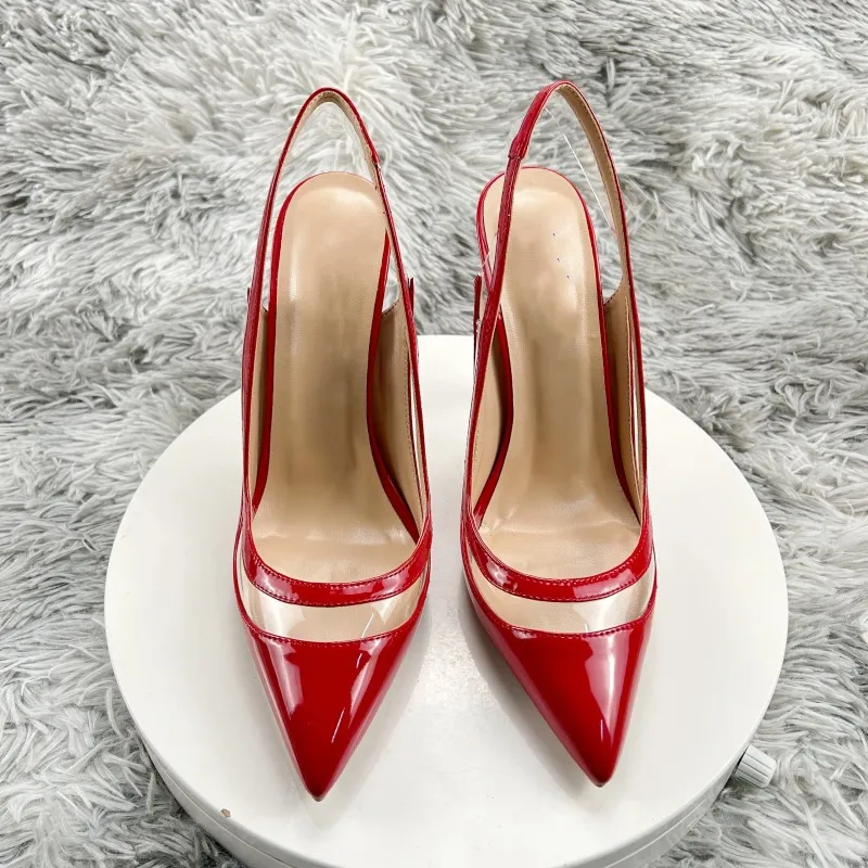 Transparent PVC sexy pointed toe 12cm 10cm 8cm high thin heel luxury red show cleavage lady party dating shoes LX010 ROVICIYA