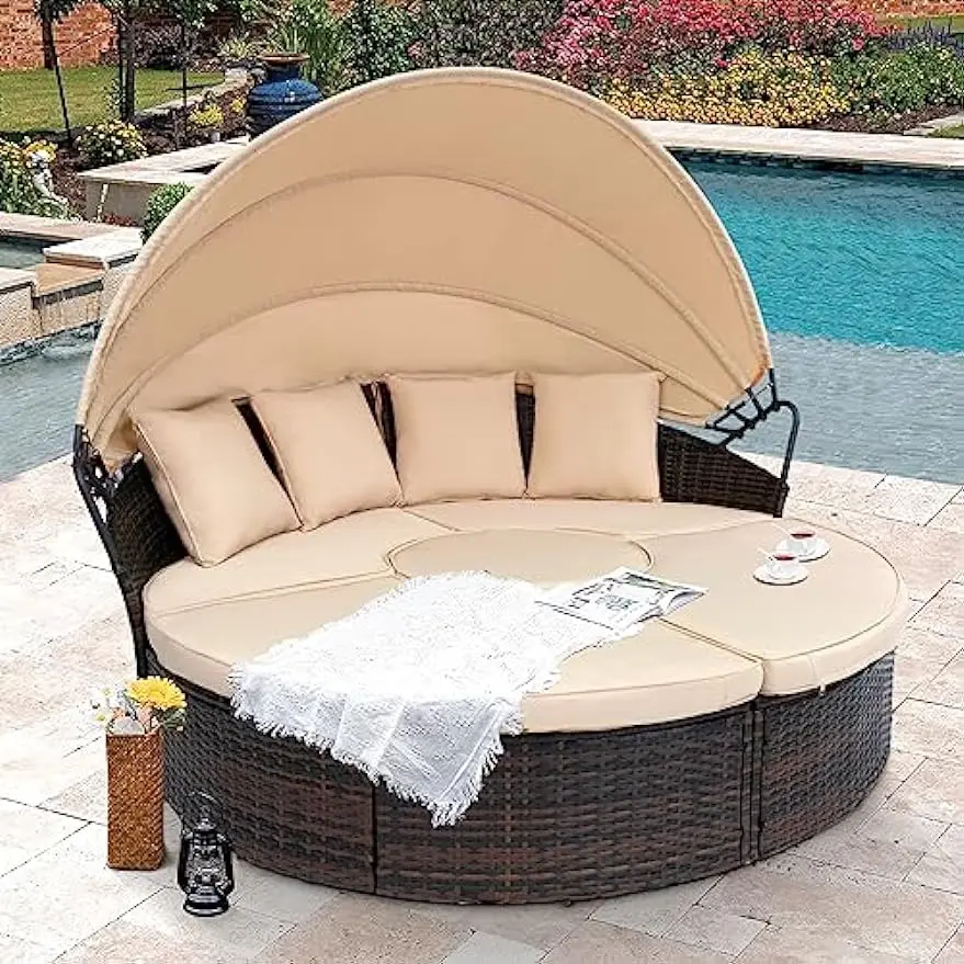 

New Outdoor Patio Round Daybed with Retractable Canopy, Brown Wicker Furniture Sectional Couch with Washable Cushions