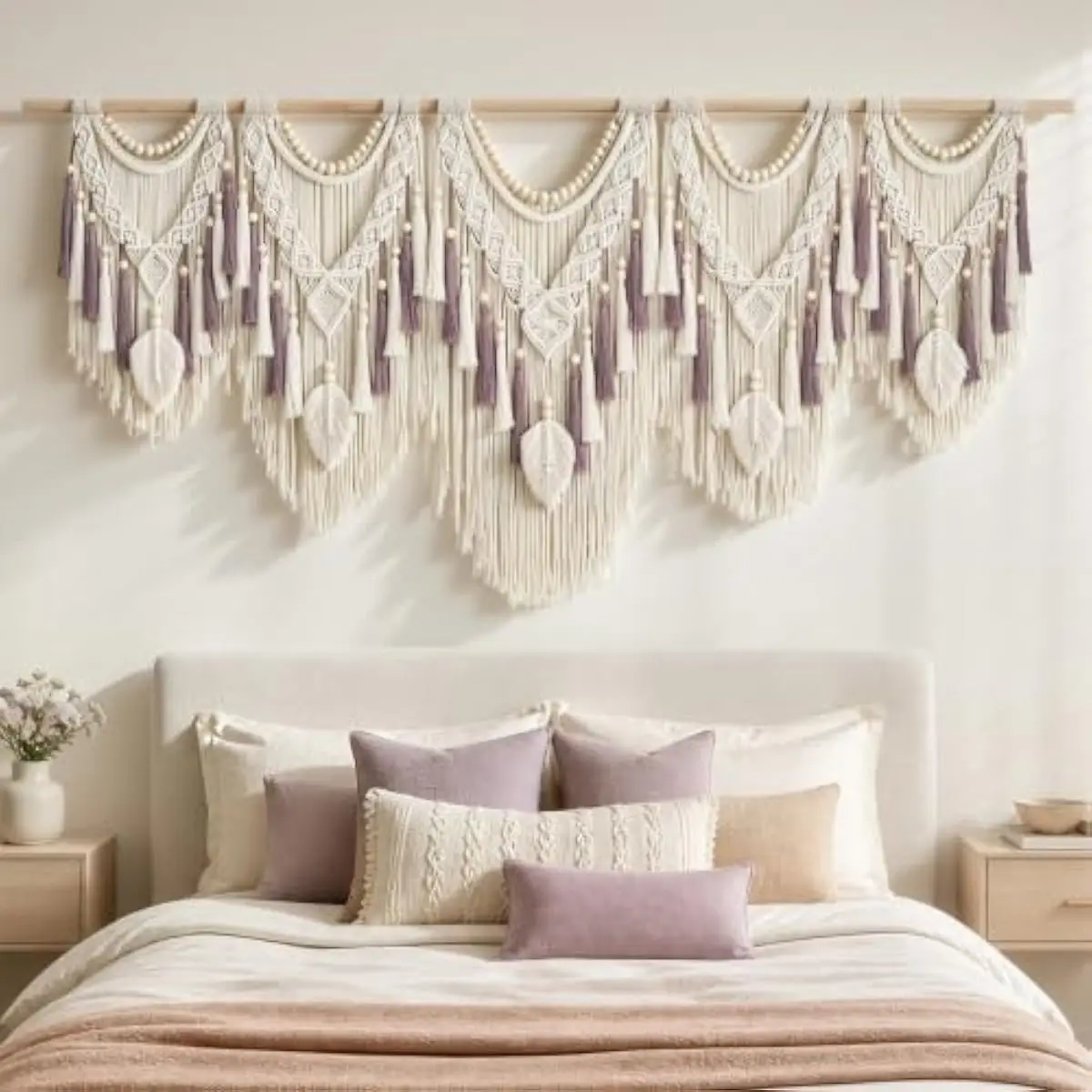Extra-Large Macrame Tapestry Measuring 72 Inches by 32 Inches Featuring Natural Cotton Rope Weave Ivory Tone Textured Boho Desig