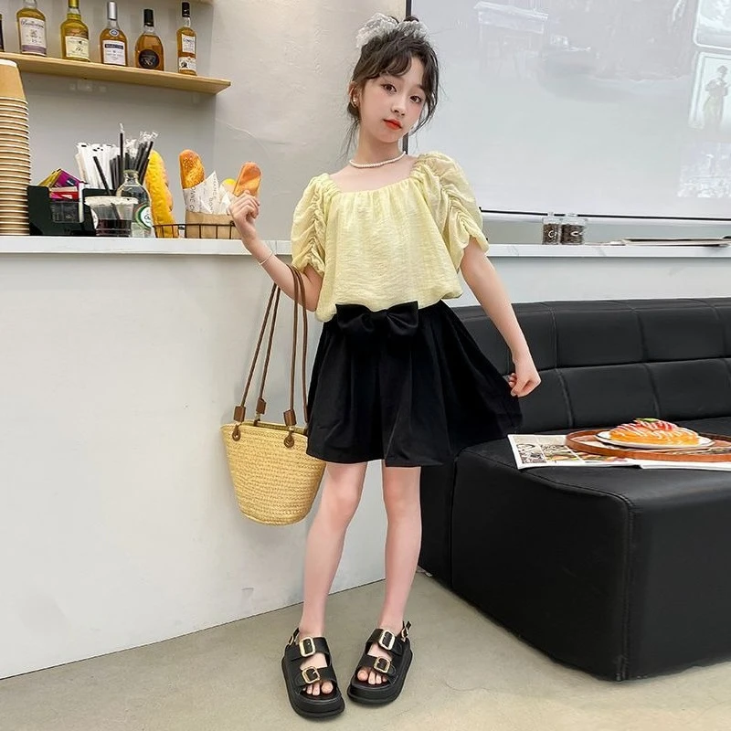 Girls Summer Outfit Set Puff Sleeve Top with Short Skirt Safety Shorts 2 Piece Kids Fashion Trendy Korean Style for Big Girls