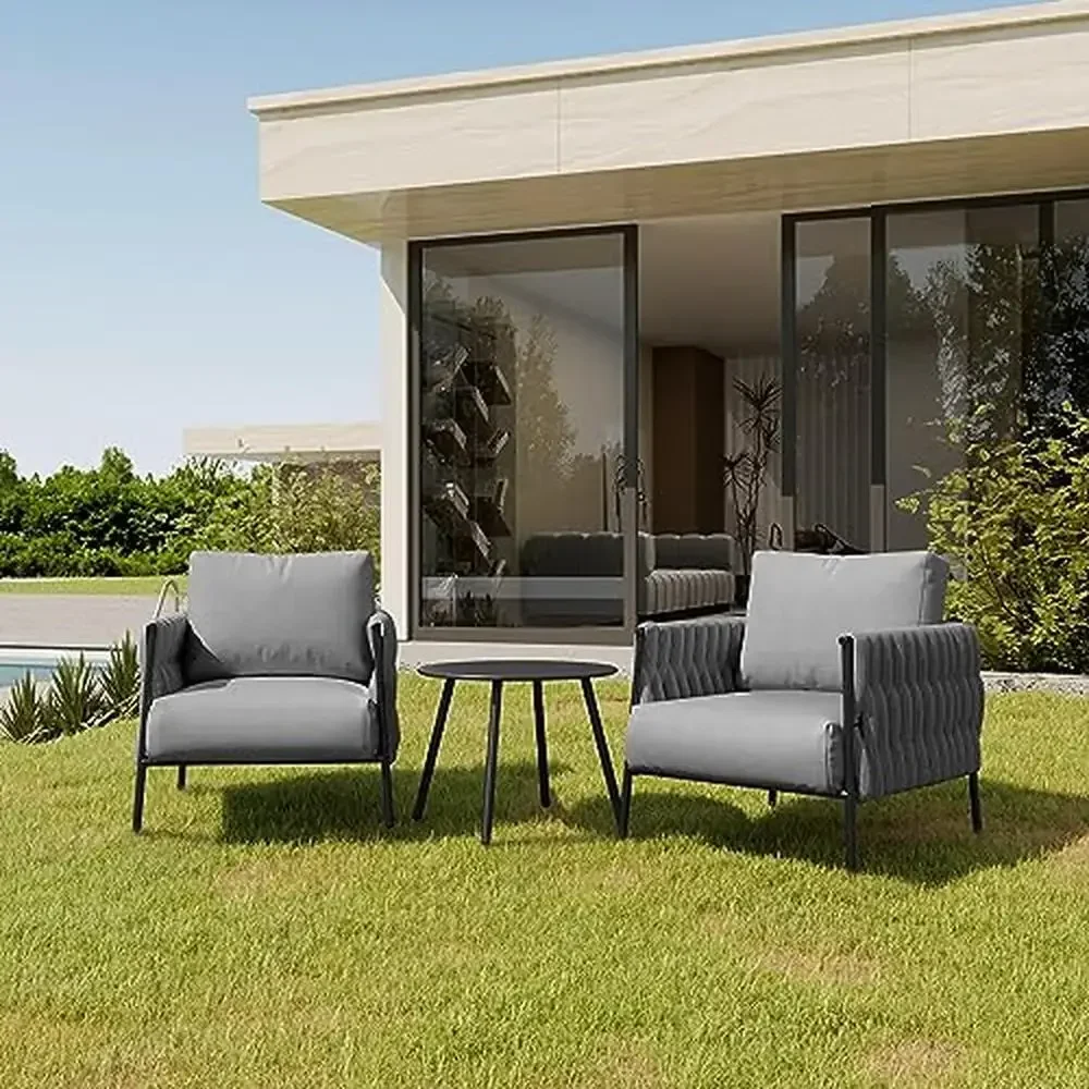 Outdoor 3-Piece Conversation Set Armchairs with Coffee Table Deep Seating Garden Porch Furniture Thick Cushions Quick Assembly