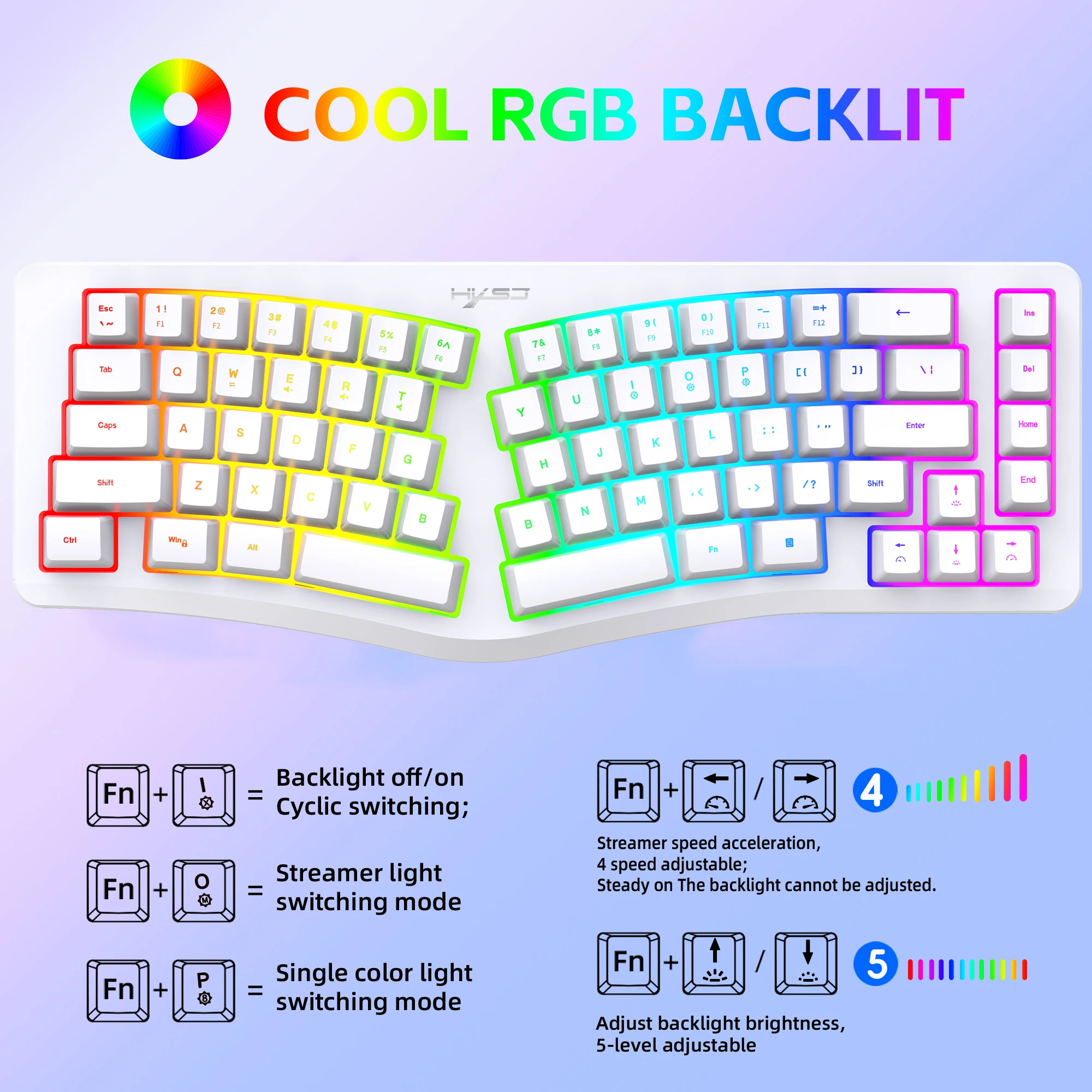 人間工学に基づいたキーボード、RGBバックライト付き69キー有線USBコンピュータキーボード、洗練された人間工学に基づいたデザイン、特大のレターキー簡単